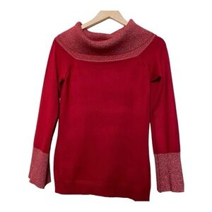 NWT   Questions  Red Sparkly Shimmery Gold Metallic Pull Over Sweater Sz S